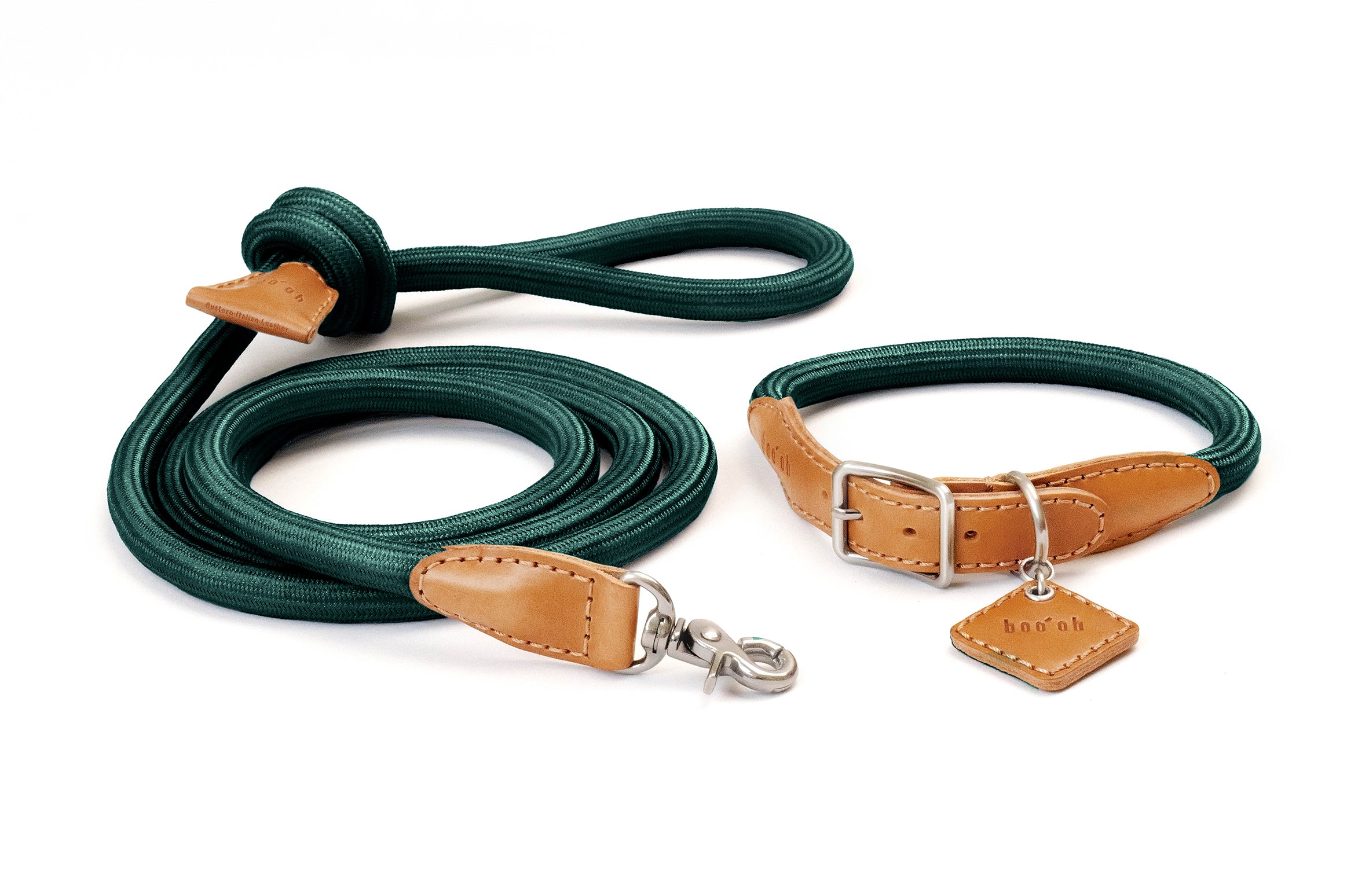 Ray Collar + Leash Set | Italian Leather & Rayon Silk Rope | Original Design | Dark Jade Green