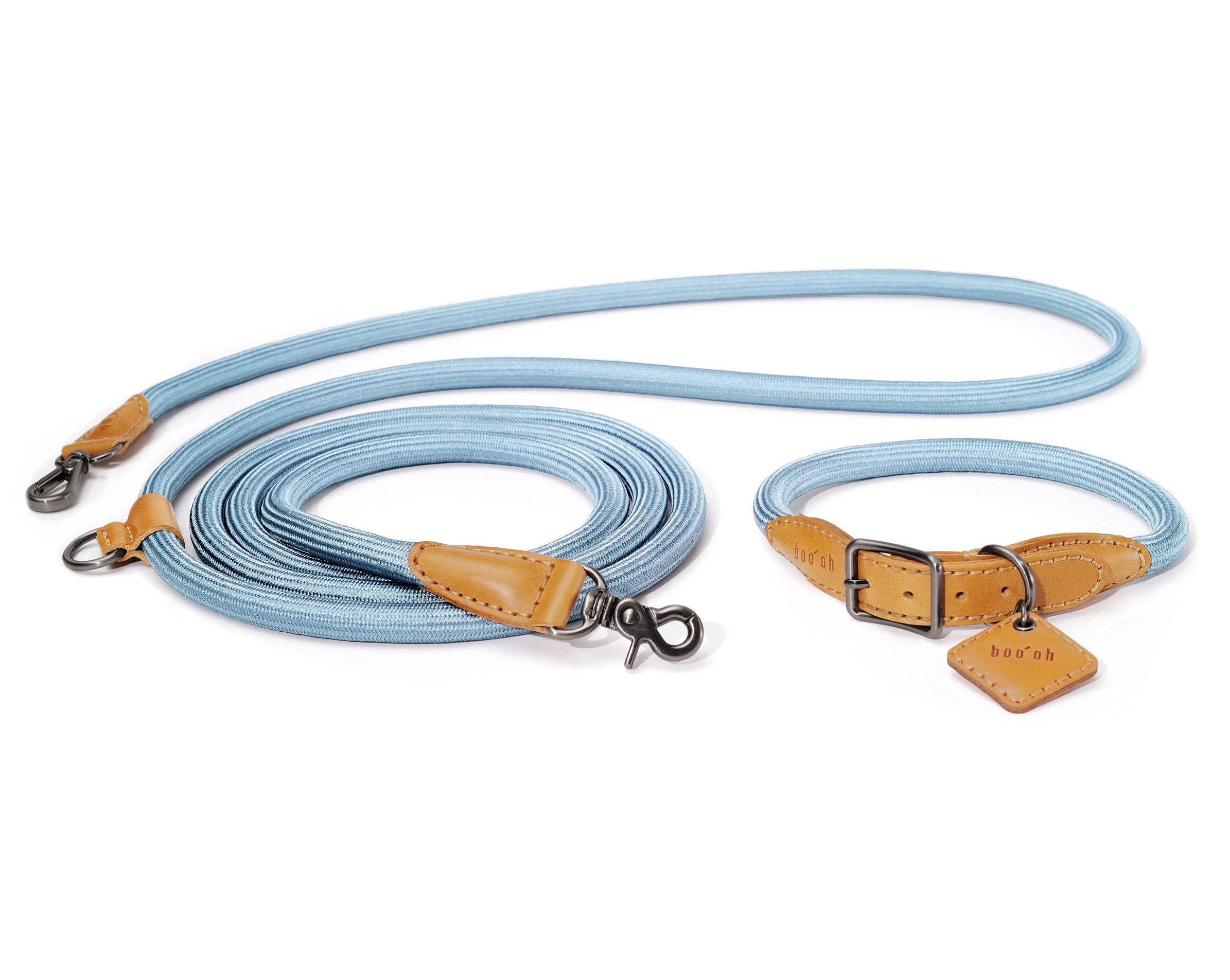 Dog Ray Hands-Free Collar + Leash Set - Italian Leather & Rayon Silk Rope - Ray Collection - Pacific Blue